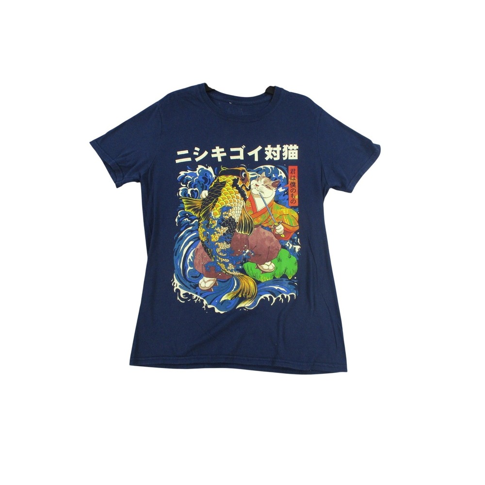 Threadless Kids Samurai Cat vs Koi Fish‎ Graphic T-Shirt Navy Blue Small S